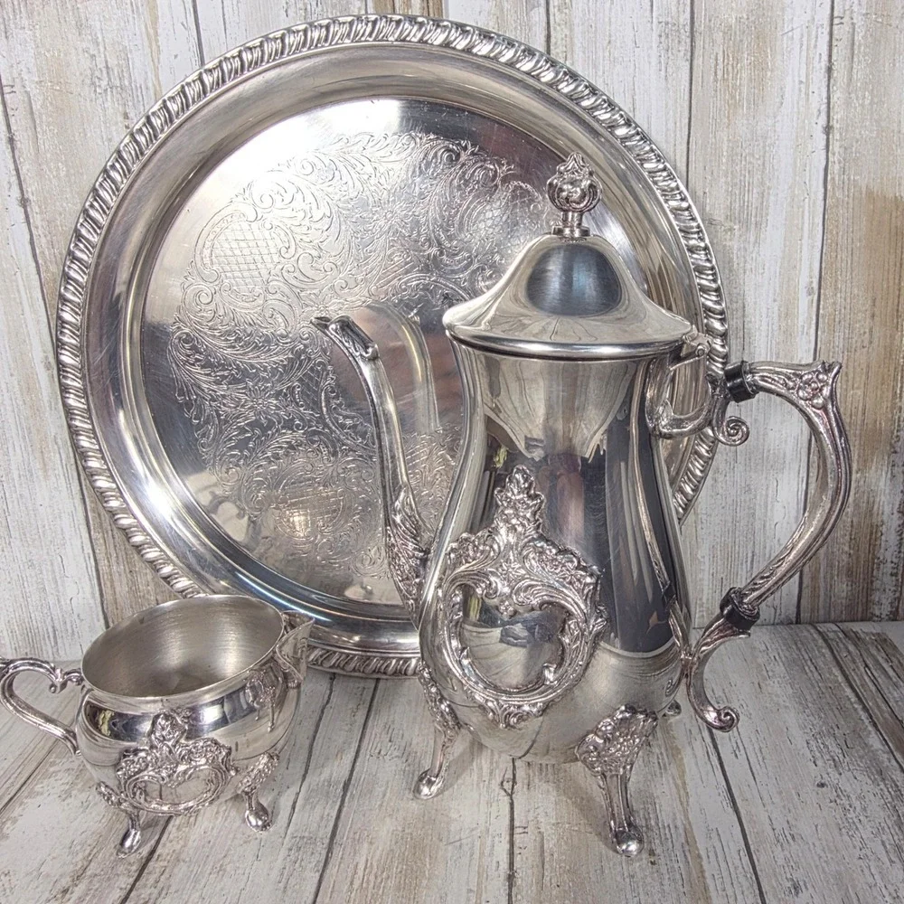Leonard Silver Plated Tea Set 3pc Ornate Teapot Creamer and Etched Serving Tray